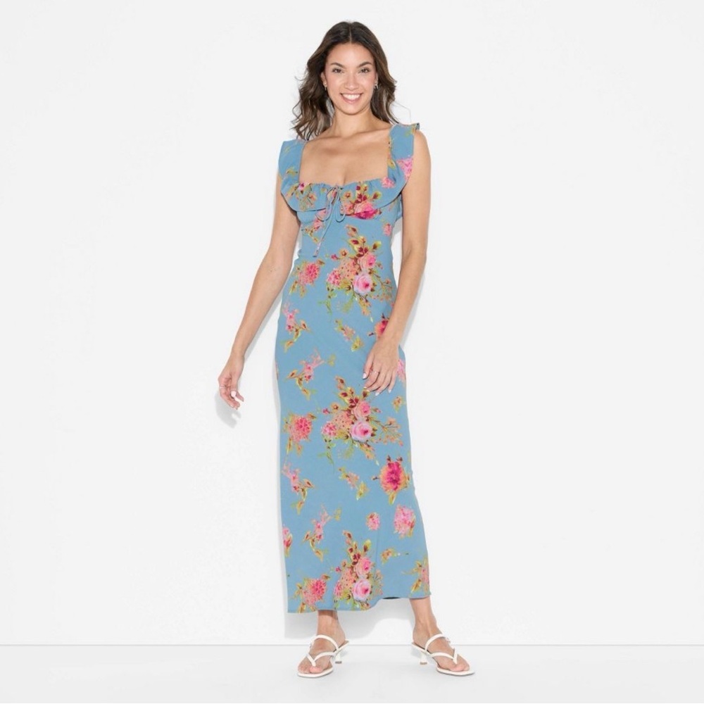 Wild Fable Women's Flounce Sleeve Maxi Empire Waist Dress - Slate Blue Floral